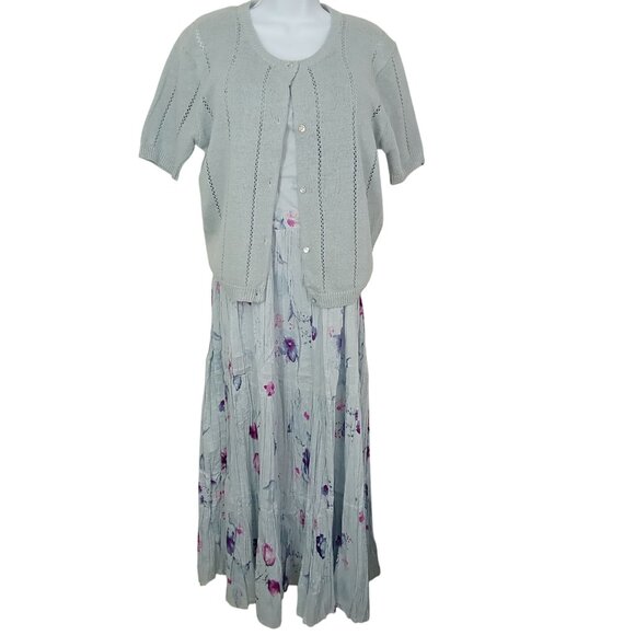 Vintage 90s 2-pc Set Floral Tank Dress & Cardigan Sweater Knit Linen Cotton M/L - Picture 1 of 15